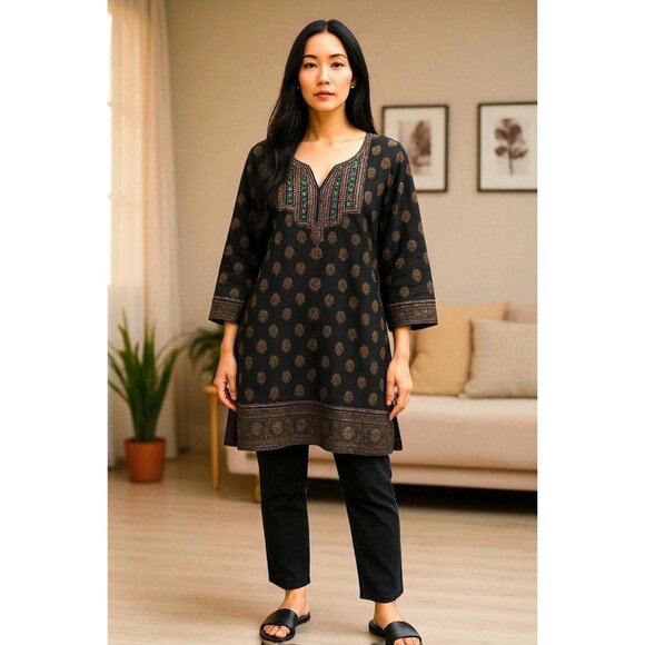 J Peterman Tunic Women L Black Gold Print Beaded Embroidered Split Neckline Boho - Picture 1 of 11